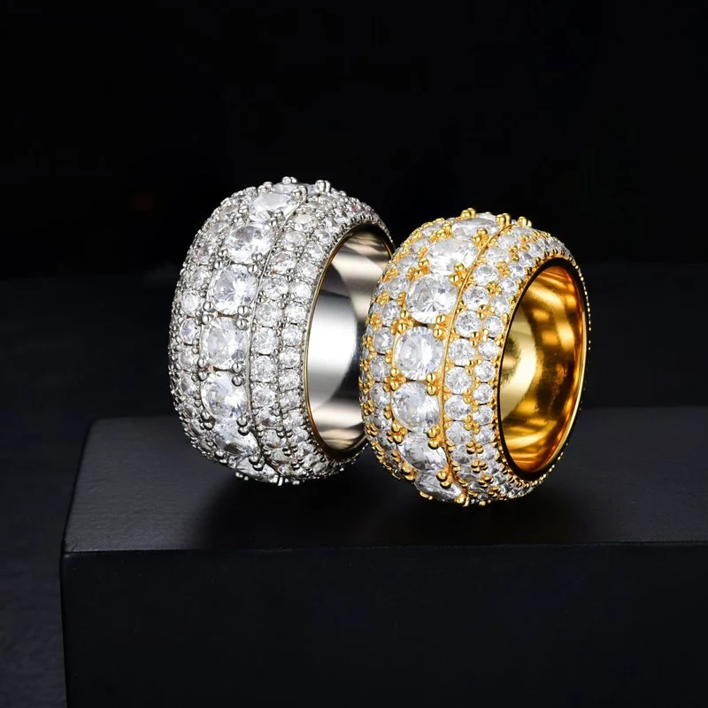 

Size 6-11 Hip Hop 5 Rows CZ Stone Paved Bling Iced Out Solid Round Finger Rings for Men Rapper Jewelry Gold Silver Color