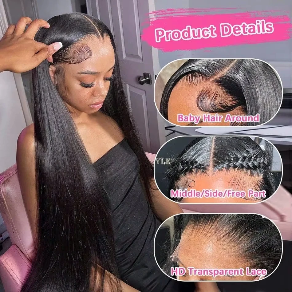 Glueless Bone Straight 13x6 Lace Front Wigs Human Hair 30 Inch 250 Density HD Transparent Lace 4x4 Closure For Black Women - view 5