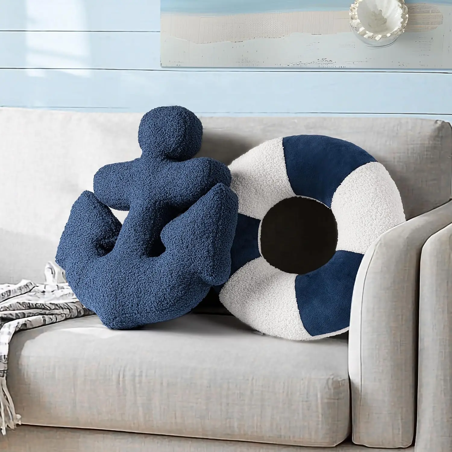 

Набор из 2 декоративных подушек с 3D-изображением якоря и спасательного круга, морской декор для пляжного дома, темно-синий и белый