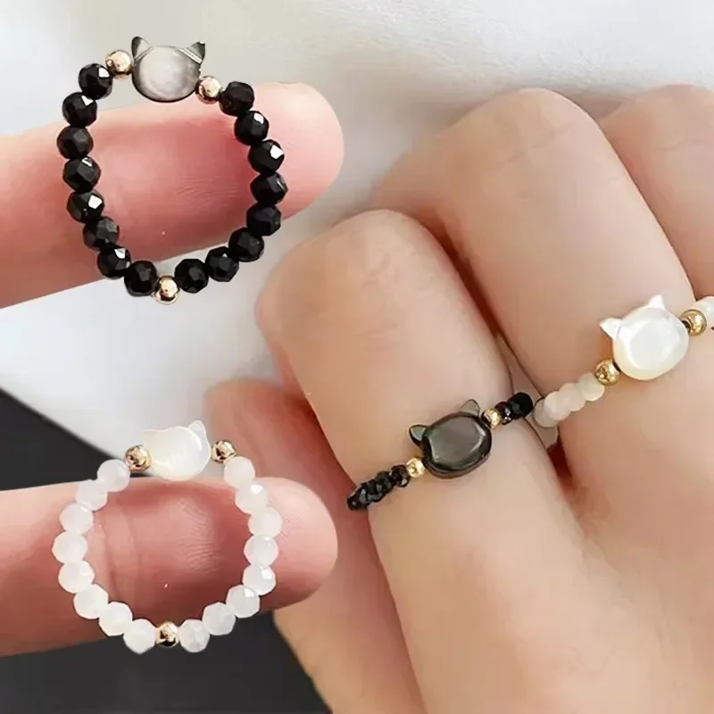 1pair Natural Moonstone Obsidian Rings Bead Minimalist Fidget Ring Cute Black White Cat Ring Women Men Party Accessories Jewelry