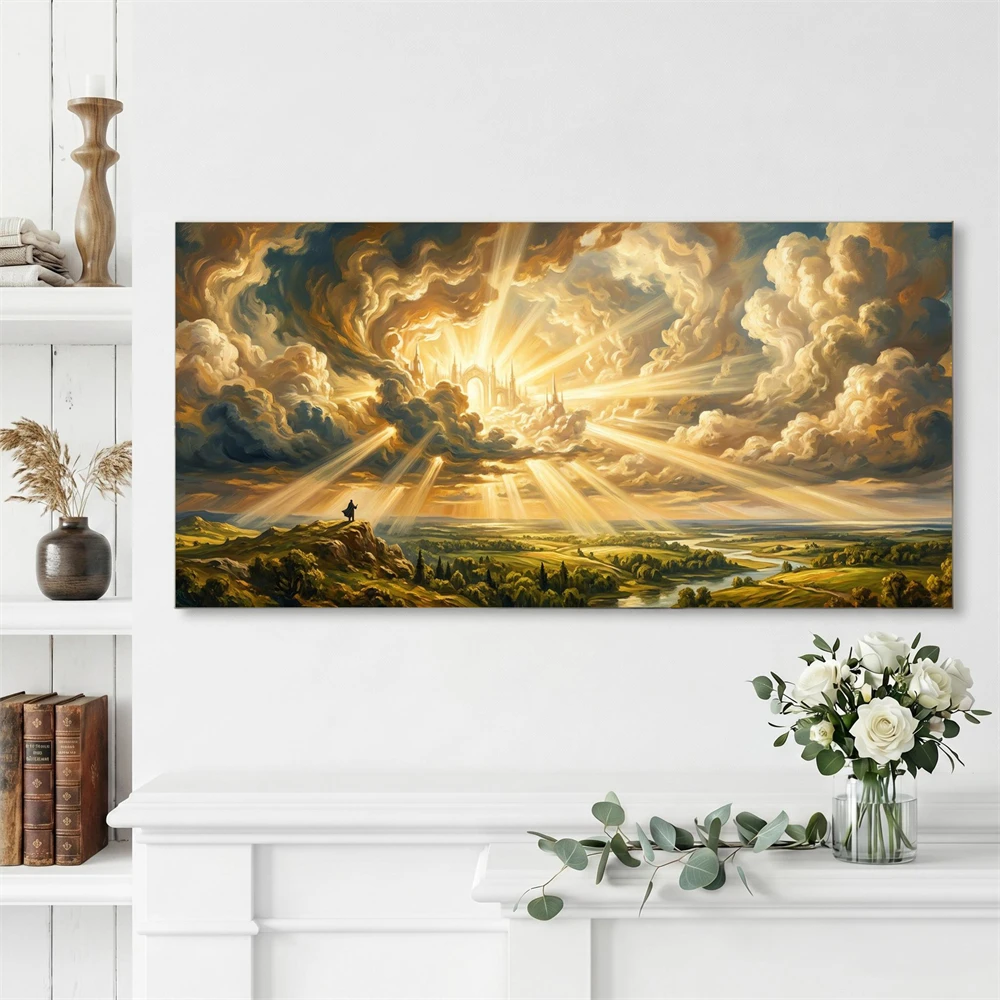 1pc frameless Canvas Painting Divine Clouds Canvas Painting Wall Art Golden Sun Rays Landscape Prints Heavenly Light Cloudscape