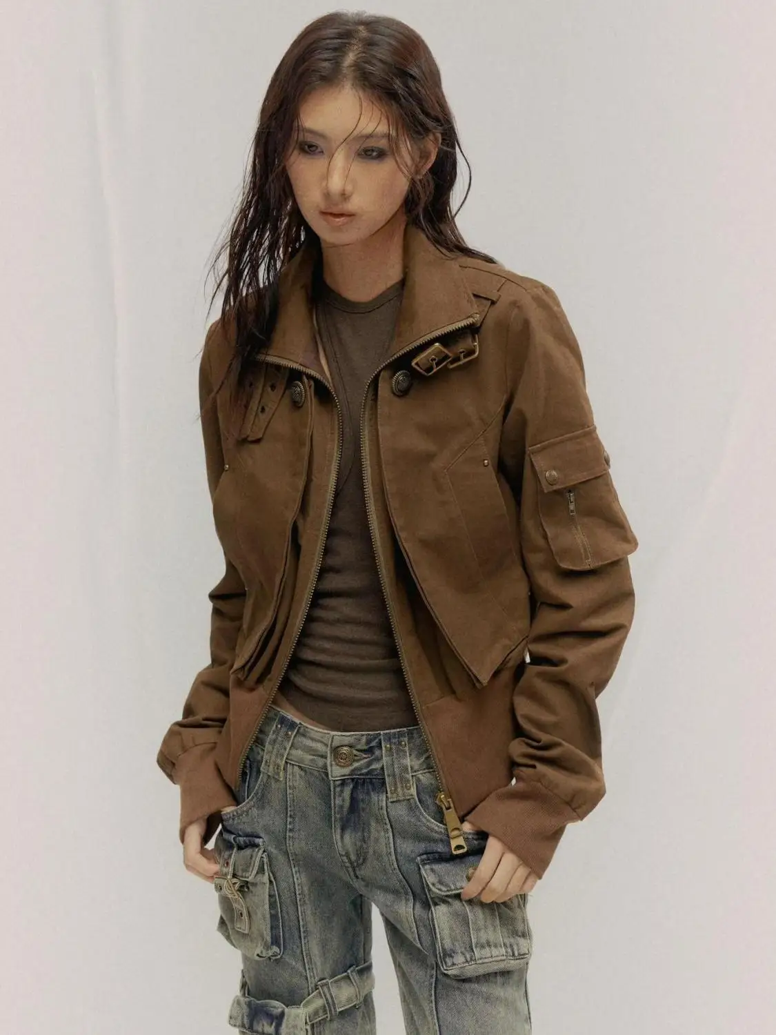 Jaren 2000 Amerikaanse Vintage Safari Jassen met Capuchon Vrouwen Rits Sweatshirts Casual Streetwear Grunge Jas Y2k Stand Hals Harjauku