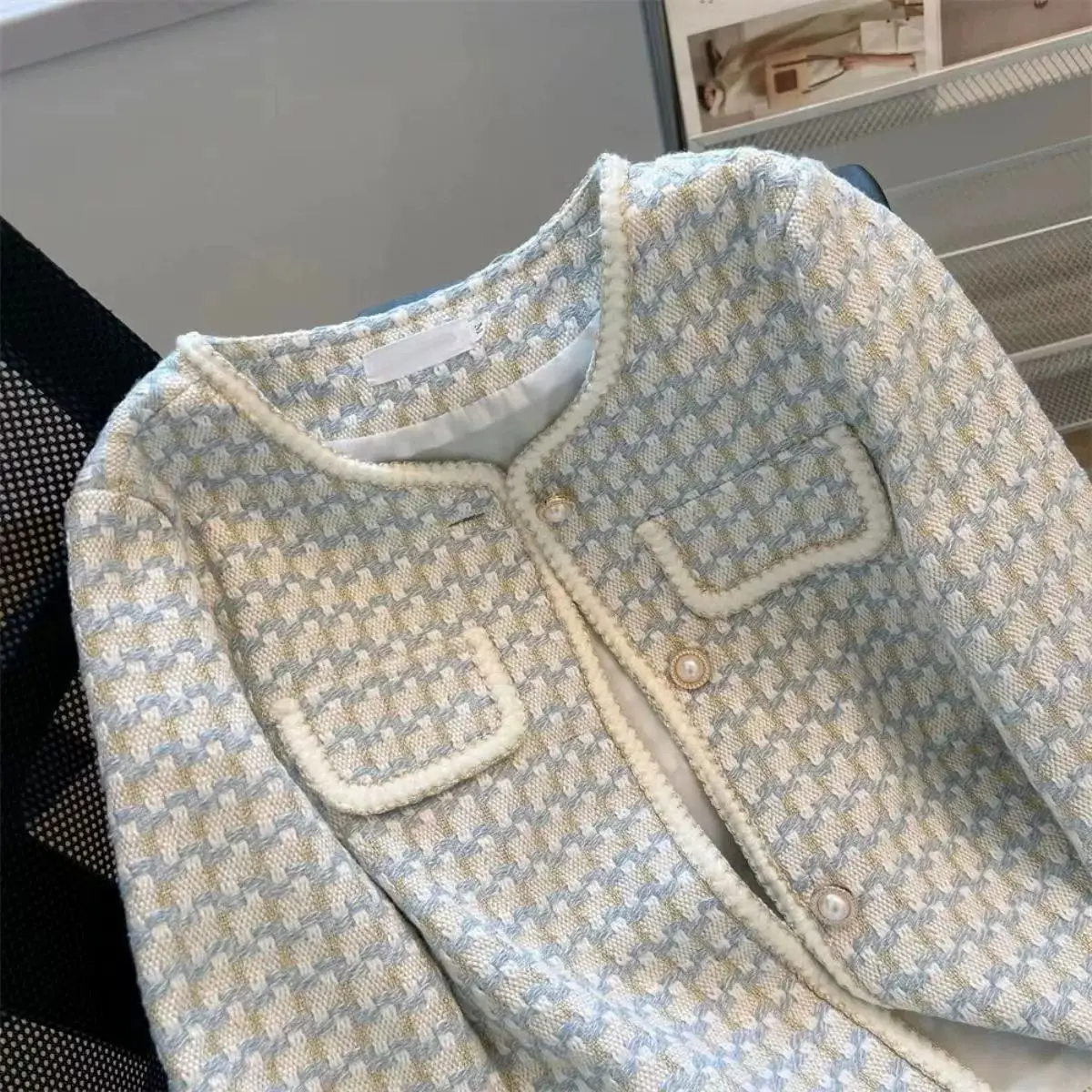 Blue Jacket for women's spring Autumn new Korean version Loose and advanced feeling Thin And Versatile Thousand bird grid top