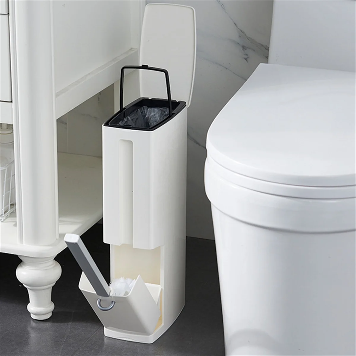 Bathroom Trash Can, Toilet Brush Set, Small Trash Can, Ultra-Thin Plastic Trash Can with Lid Coffe