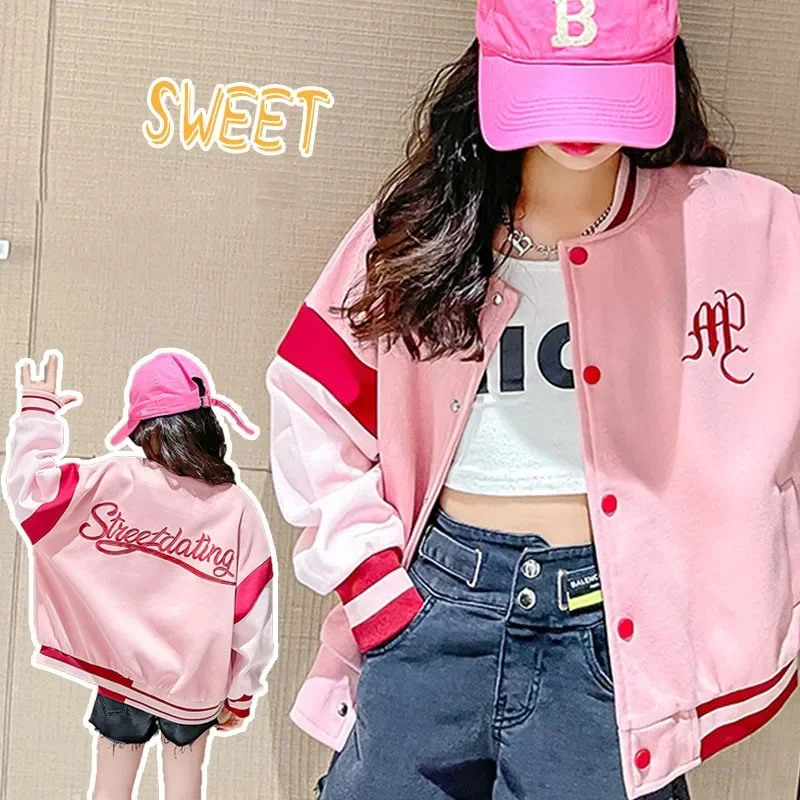 Girls Spring Autumn Sweet Pink Single-breasted Embroidered Sweat Varsity Jacket School Kids Track Coat Child Outfit Tops 5-16Yrs