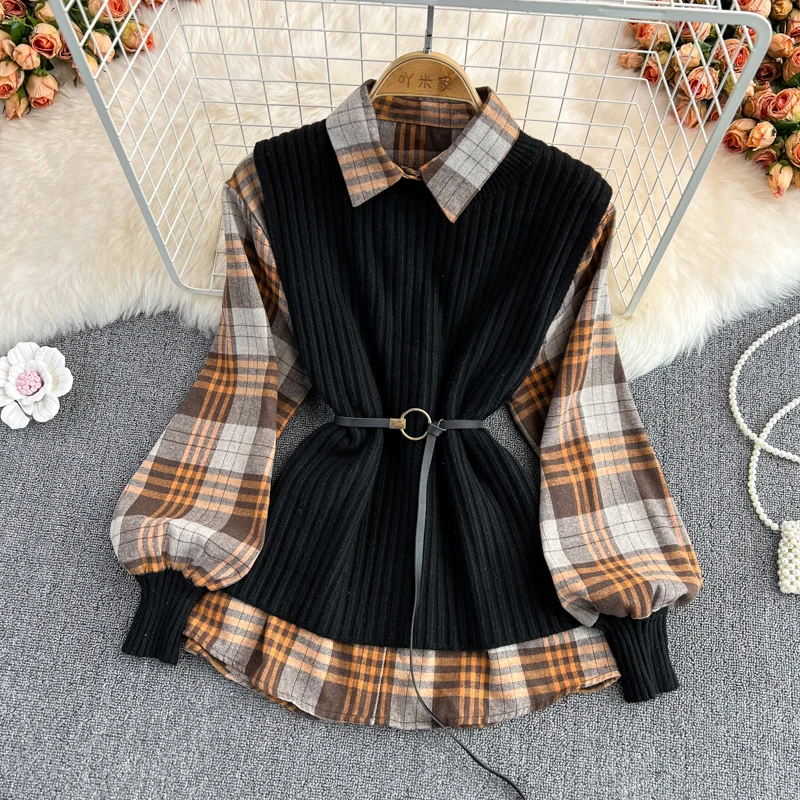 Sleeveless Sweater Vests Plaid Shirts 2 Piece Sets Women Casual Vintage Long Sleeve Tops And Knitted Waistcoats Suits With Belts