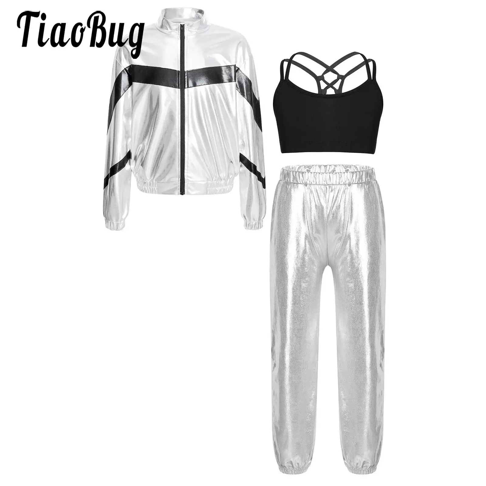 

Kids Girls Street Hip Hop Dance Outfit Stage Performance Costume Sports Set Vest Long Pants and Long Sleeve Zipper Jacket Set