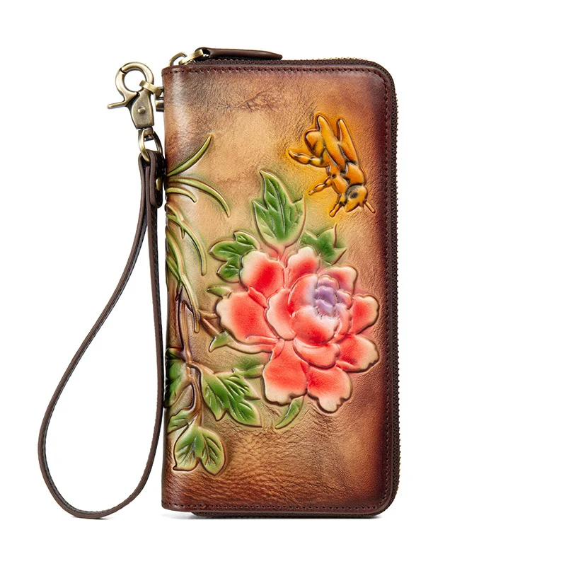 Western RDIF Blocking Cowhide Leather Peony Bee Embossed Women Wallet Large Capacity Multi-card Slot Zipper Purse for Ladies