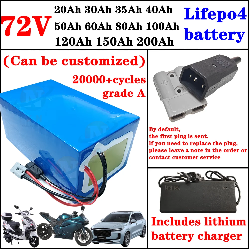 

72V 40Ah 20Ah 30Ah 35Ah 50Ah 60Ah 80Ah 100Ah 120Ah 150Ah 200Ah Lifepo4 lithium battery with BMS for 72V 2KW 3KW 5KW Motor