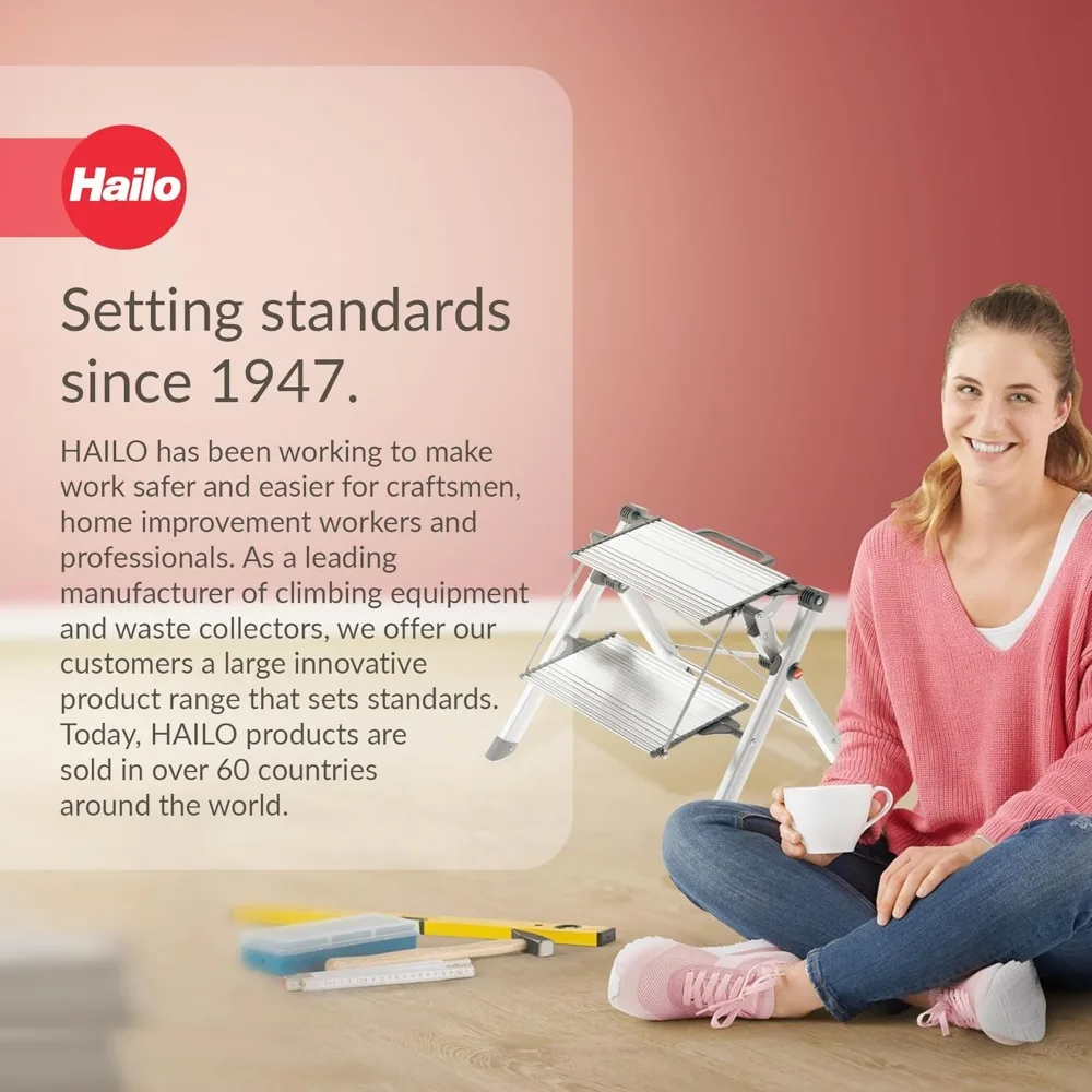 مقعد Hailo MK80 Mini Steel Step Stool - خطوتين كبيرتين مضاد للانزلاق، سعة 330 رطل - زر تحرير أمان، مقبض حمل - سهل Stora #6