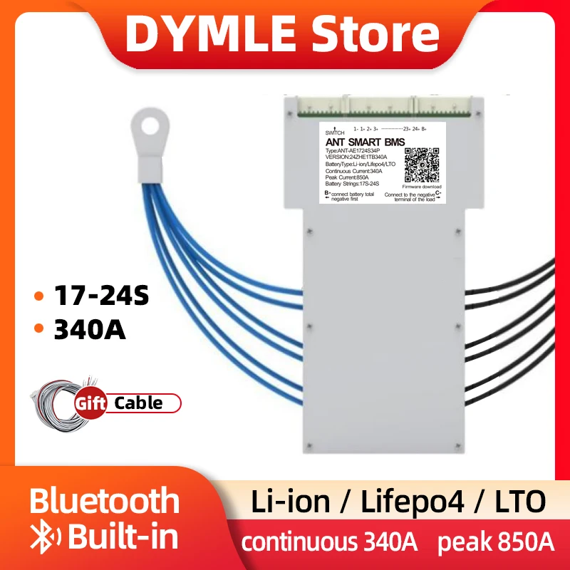 

ANT Smart BMS 17S to 24S Li-ion Lifepo4 LTO Battery 48V 60V 72V Continuous 340A peak 850A Smart Balance Board BT Built-in 20S
