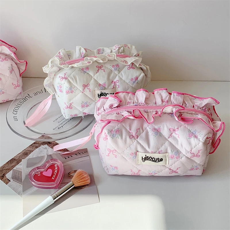 

Cute Bow Flower Quilting Cotton Makeup Bag Women Zipper Cosmetic Organizer Female Cloth Handbag Portable Toiletry Case for Girls