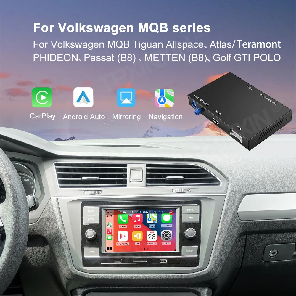 Linux-System für Volkswagen Tiguan Passat Golf drahtlose Carplay-Box Android Auto FM DSP Dab WiFi GPS RDS vorne hinten Kamera