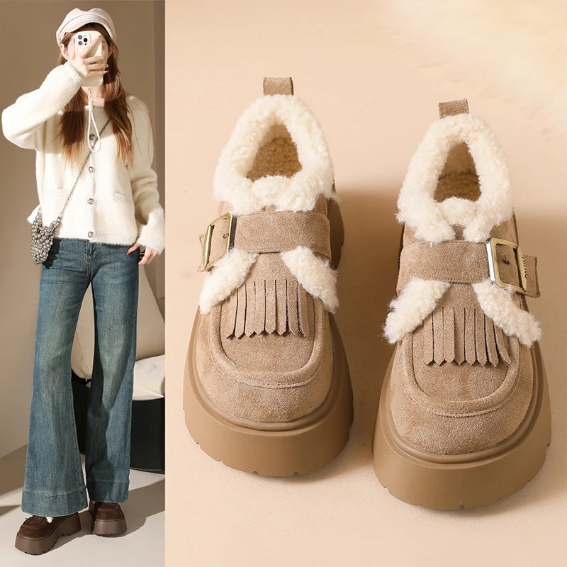 أحذية قطنية عصرية، أحذية بدون كعب دافئة، أحذية فراء قصيرة متعددة الاستخدامات بنعل سميك لزيادة الارتفاع 2652 #4