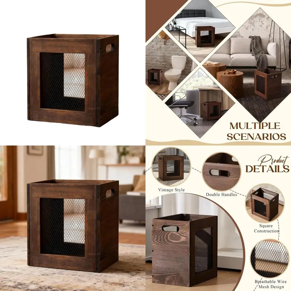 

Solid Wood Rectangular Trash Bin with Handle, Rustic Style Wastebasket for Deskside, Bedroom, Office, Dorm