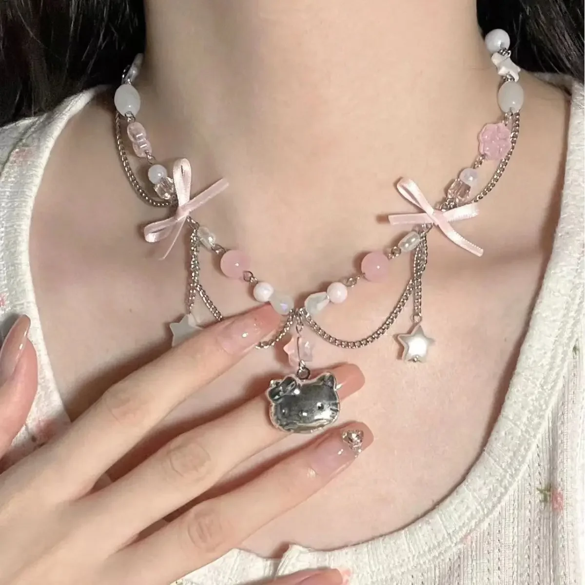 Sanrio Hello Kitty necklace anime kawaii bow bead star popular necklace Y2K women's elegant collarbone chain jewelry gift