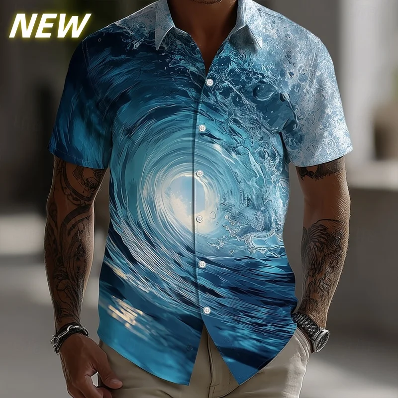 

Sea Waves Pattern Short Sleeve Shirt For Men Colorful 3D Printed Hawaiian Shirts Lapel Tops Harajuku Fashion Button Blouses