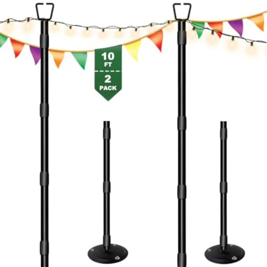 

10Feet String Light Poles for Outside - 2 Pack Adjustable Metal Poles for Outdoor String Lights Rustproof and Sturdy Light Stan