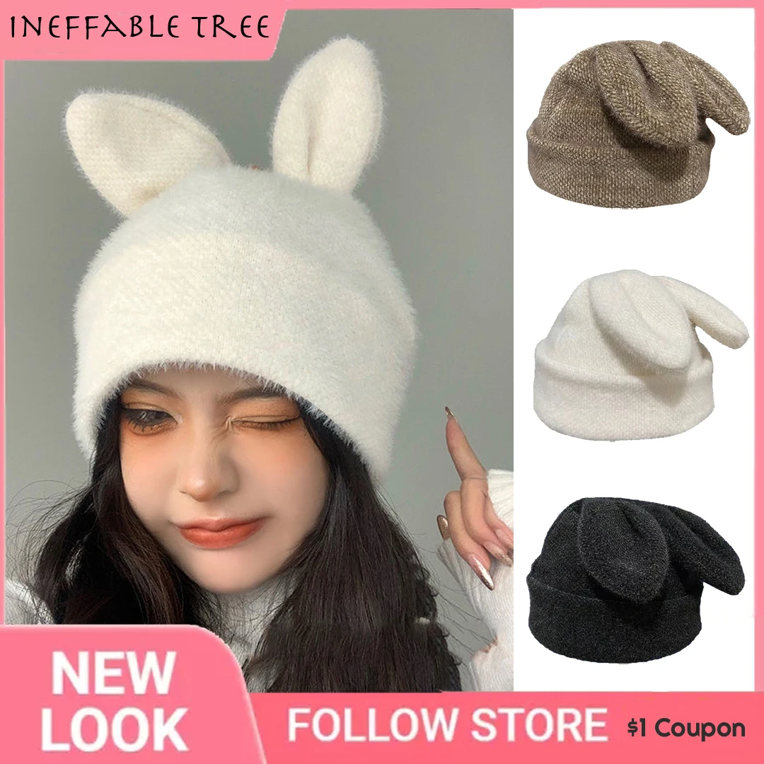 Korea Cute Rabbit Ears Knitted Hats for Women Autumn Winter Warm Panama Soft Rabbit Fur Beanie Cap Girls Skullies Ski Hat Gorros