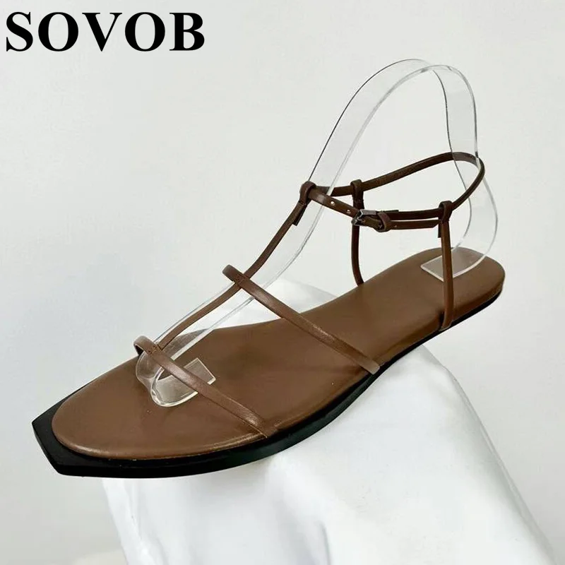 Summer Genuine Leather Retro Flat Sandals For Women's Narrow Band Hollow Out Open Toe Fashion Sandalias Casual Vacation Shoes