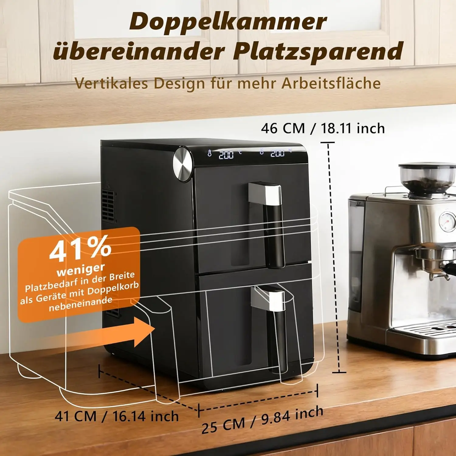 11L schwarze Heißluftfritteuse, Doppelkorb, LED-Touchscreen, 2800W, leicht zu reinigen, leise (53dB), platzsparend für kleine Küchen