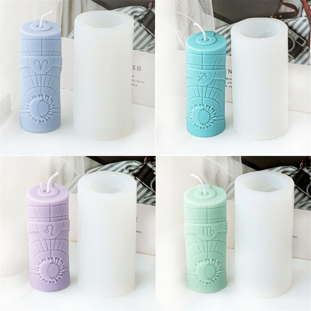 Zodiac Pillar Candle Molds DIY Twelve Constellation Tall Cylindrical Sun Luna Moon Pattern Silicone Mold for Candle Plaster