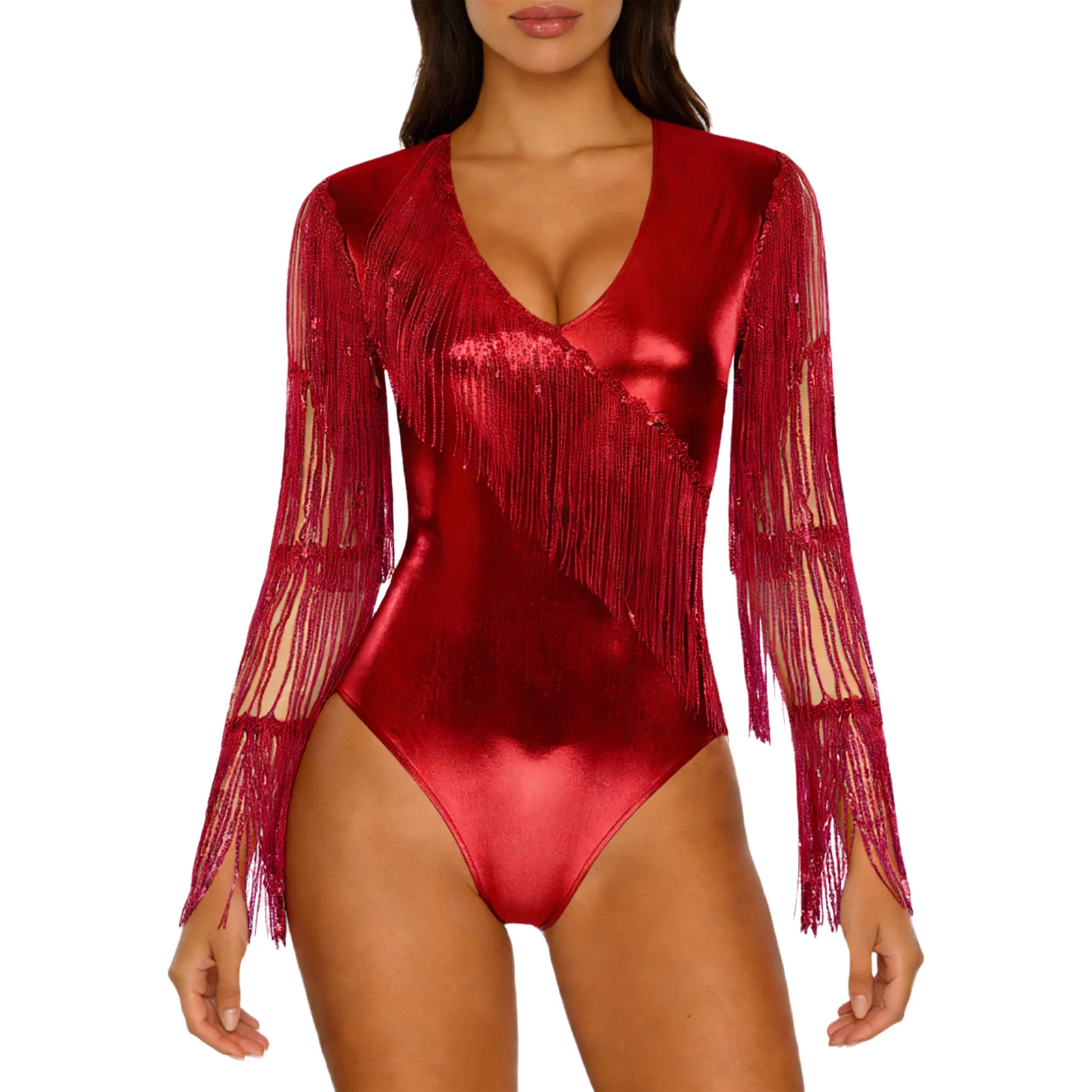 

Женский металлический комбинезон для танцев на пилоне с многослойными пайетками, бахромой и сеткой, с длинными рукавами, для выступлений, джазовых танцев, боди-комбинезон