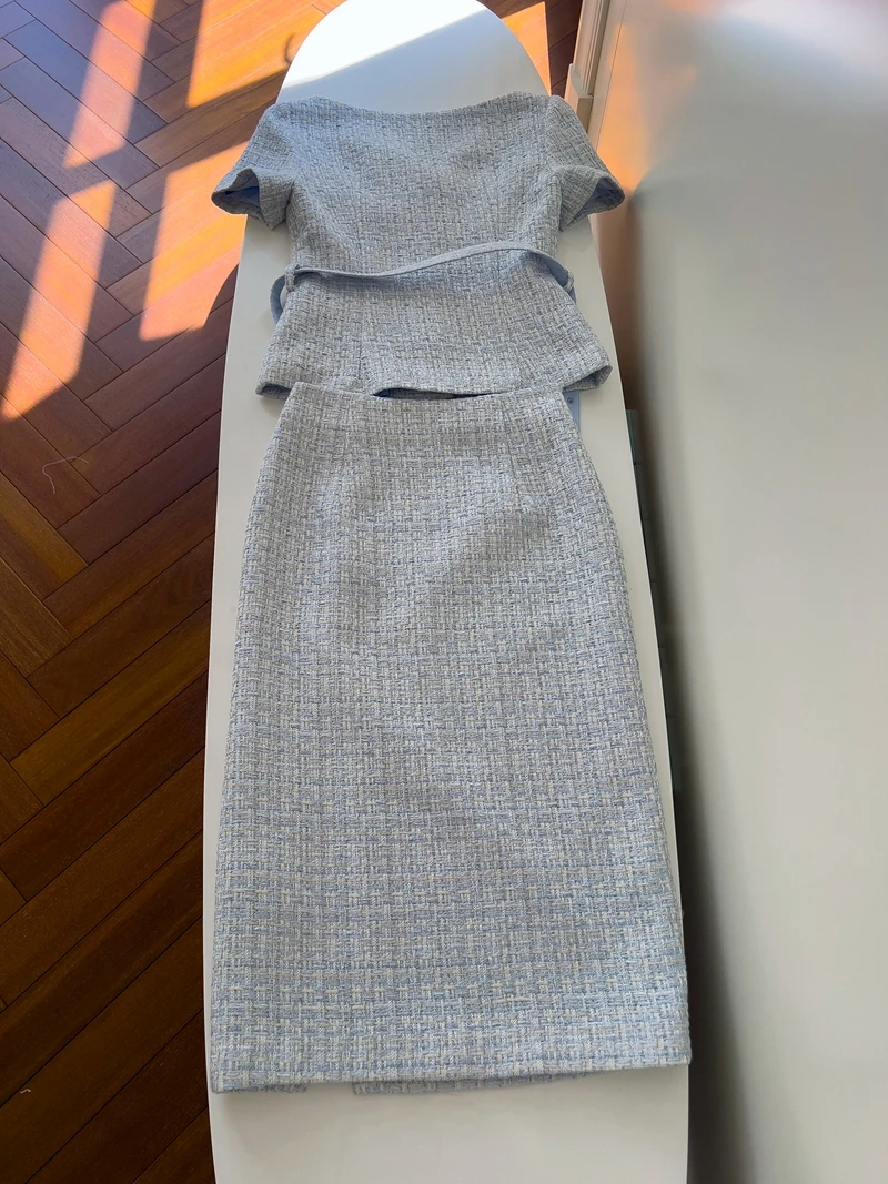 Retro Blue Woolen Tweed ort Sve Coat High Waist Split Skirt Set Faionable Wedding Guest Dr for Women in Their 30s