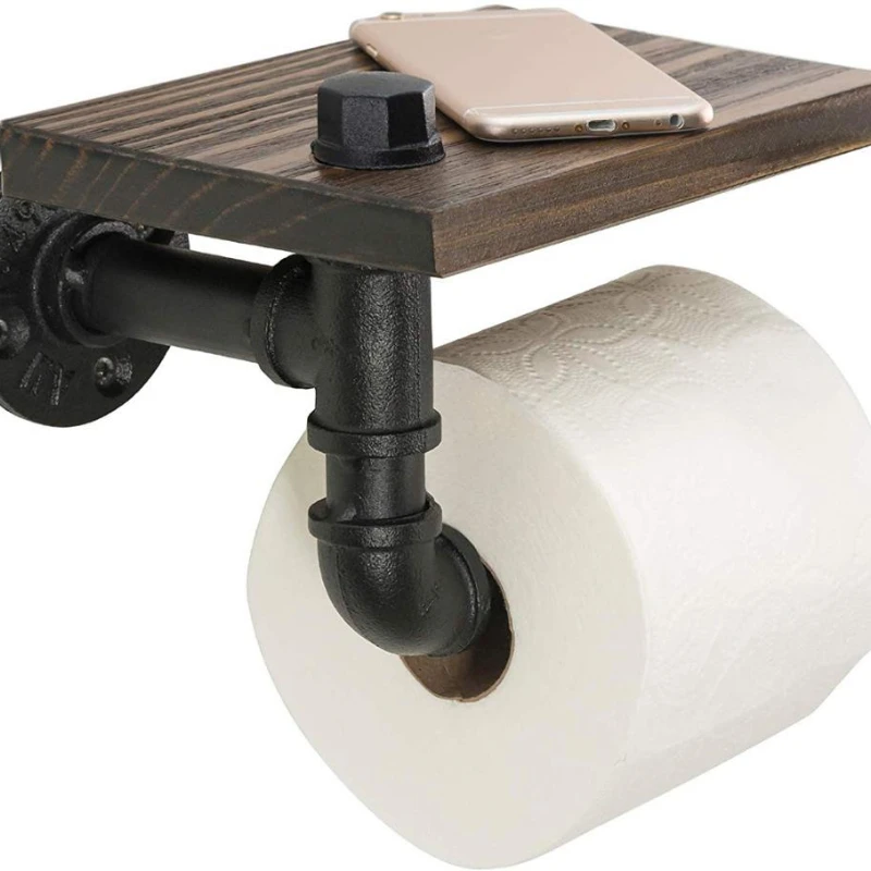 Industrial Toilet Paper Holder with Rustic Wooden Shelf and Cast Iron Pipe Hardware for Bathroom, Washroom