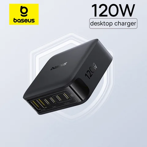 Carregador de Mesa Baseus 120W USB C GaN com Carregamento Rápido PD para Celular, Tablet, Laptop, iPhone 17 16 15 14
