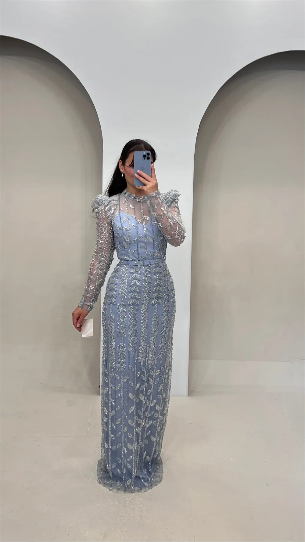 Cathy Aangepaste Blauwe Hoge Hals Kralen Galajurken Borduren Pure Mouw vestidos de noiva Luxe Vloerlengte Formele Avond