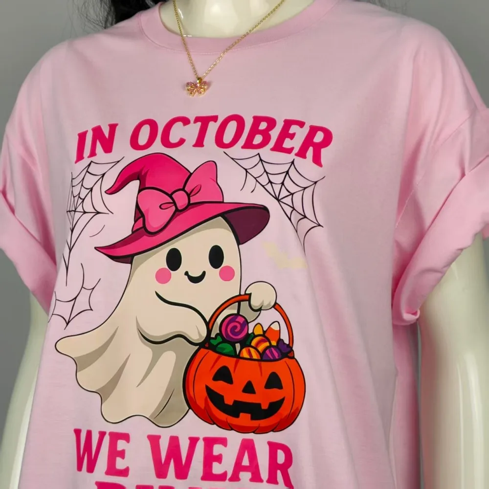 In October We Wear Pink Tshirt Cute Ghost Halloween Sublimation Shirt Breast Cancer Awareness Spooky Tee Women Daily Life Tops view 5