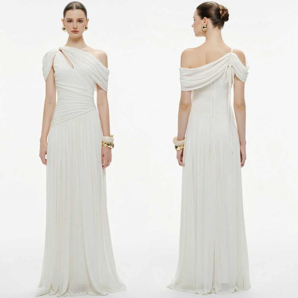 

Customized Luxury Chiffon Evening Dress Exquisite Boat Neck Short Sleeves Prom Dresses Modern Sweep Train Special Occasion Gowns