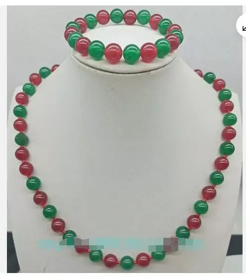 Juego de collar y pulsera de piedras preciosas redondas de Jade rojo Natural y Jade verde, 8mm