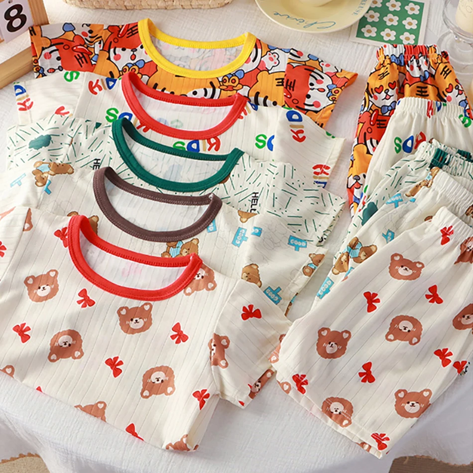 

2 Pcs Boys Short Sleeve Shorts Ice Silk Tops Set Children's Cartoon Animal Print T-shirt Sets 2025 Summer Thin Baby Girl Clothes