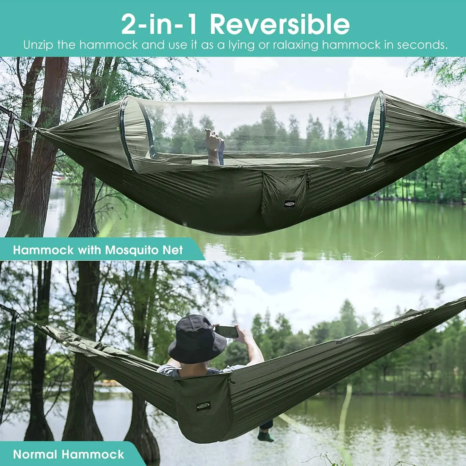 

Large Camping Hammock with Mosquito Net 2 Person Pop-up Parachute Lightweight Hanging Hammocks Tree Straps Swing Hammock Bed