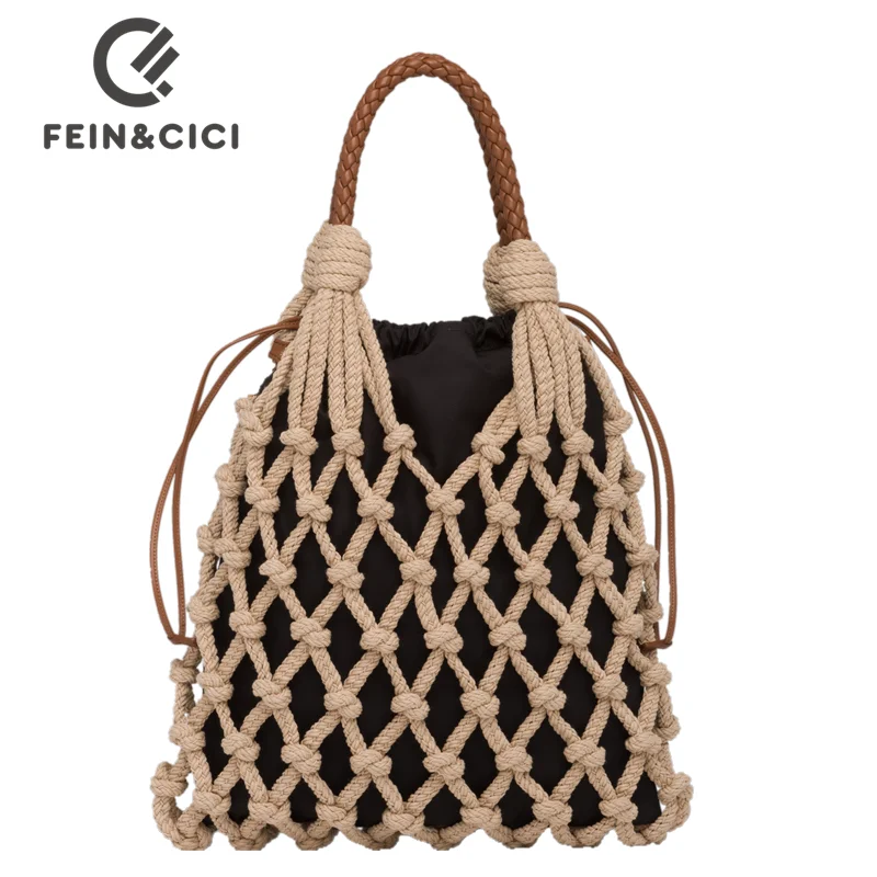 Designer Braided crochet net bag Women shoulder bag Casual summer khaki woven beach bucket tote handbag purse khaki 2022 new