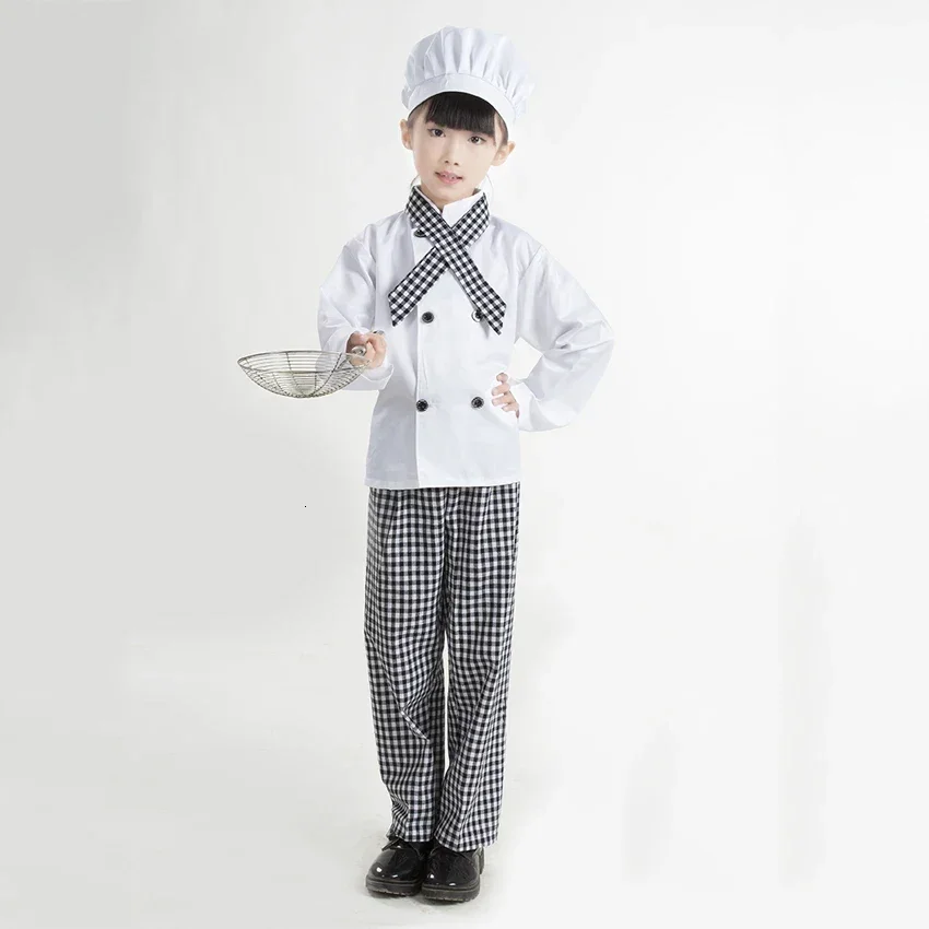 Kids Chef Jacket Plaid pants Cook Uniform Food Service Halloween Carnival Cosplay Costumes for Children Girls