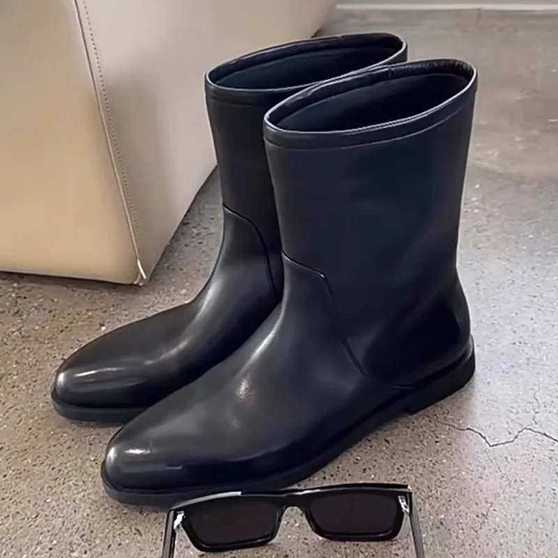 

Women's leather round toe midsole western boots women's flat bottom slimming retro knight boots