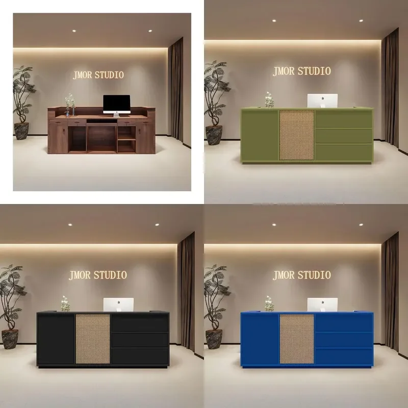 French Retro Rattan Reception Desk Cream Style Checkout Counter for Clothing Store Bar Front Office Furniture