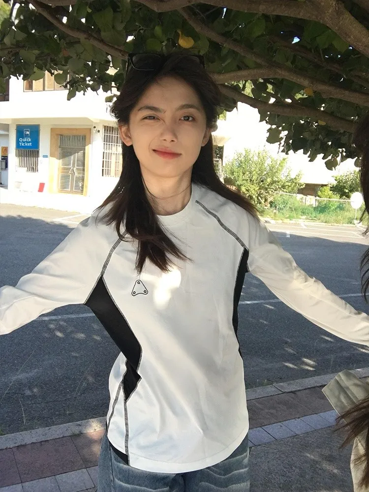 American Sle Splice Farbe Kontrast Nähte Design Lange Sve frauen T-shirt Frühling Herbst Abnehmen Casual Basis irt Top