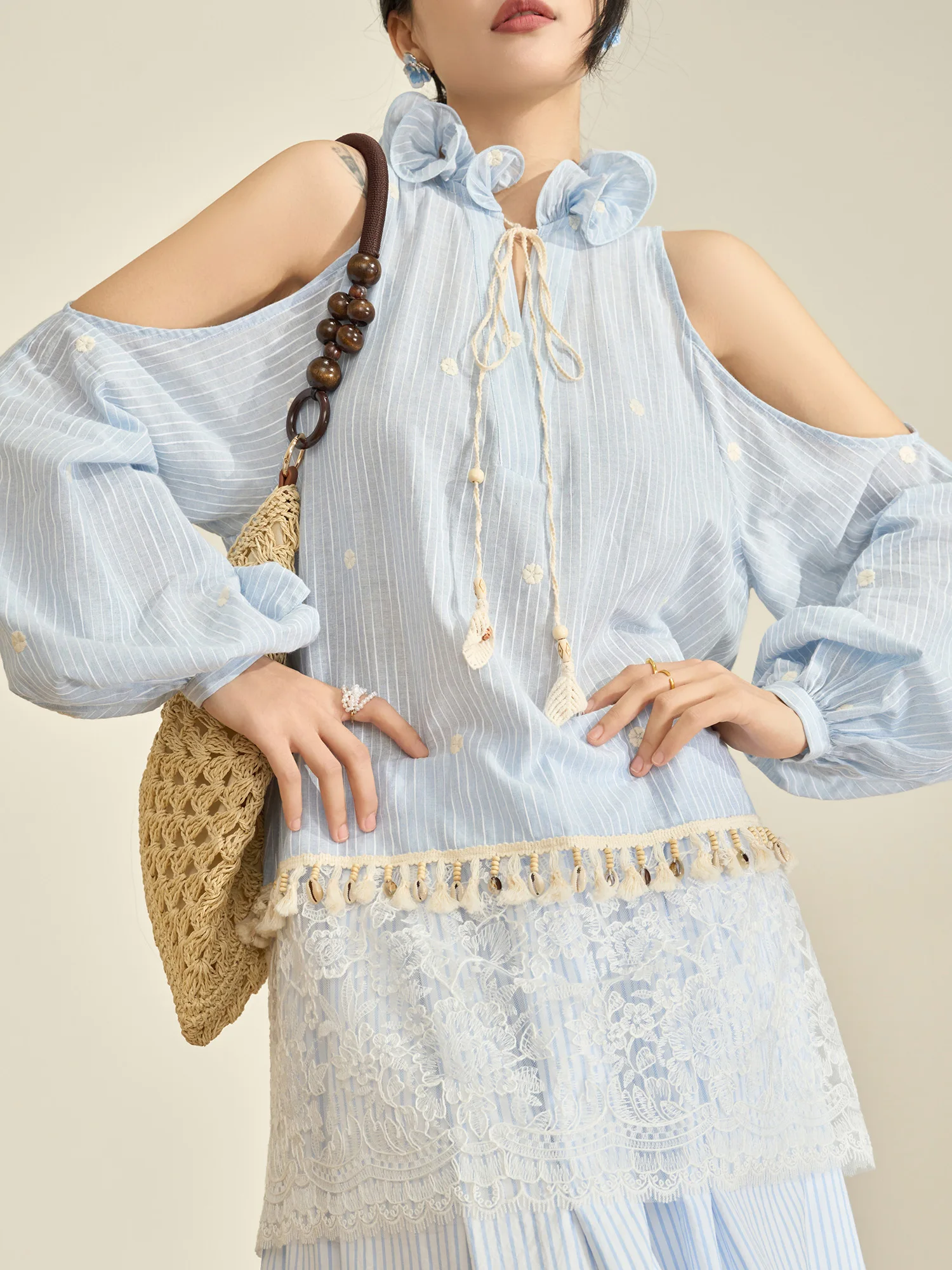 

Spring Blue Striped irt Lace Patchwork ter Ne Midi Skirt Set Women's Faion Casual Breathable Polyester Fiber Long Sl...