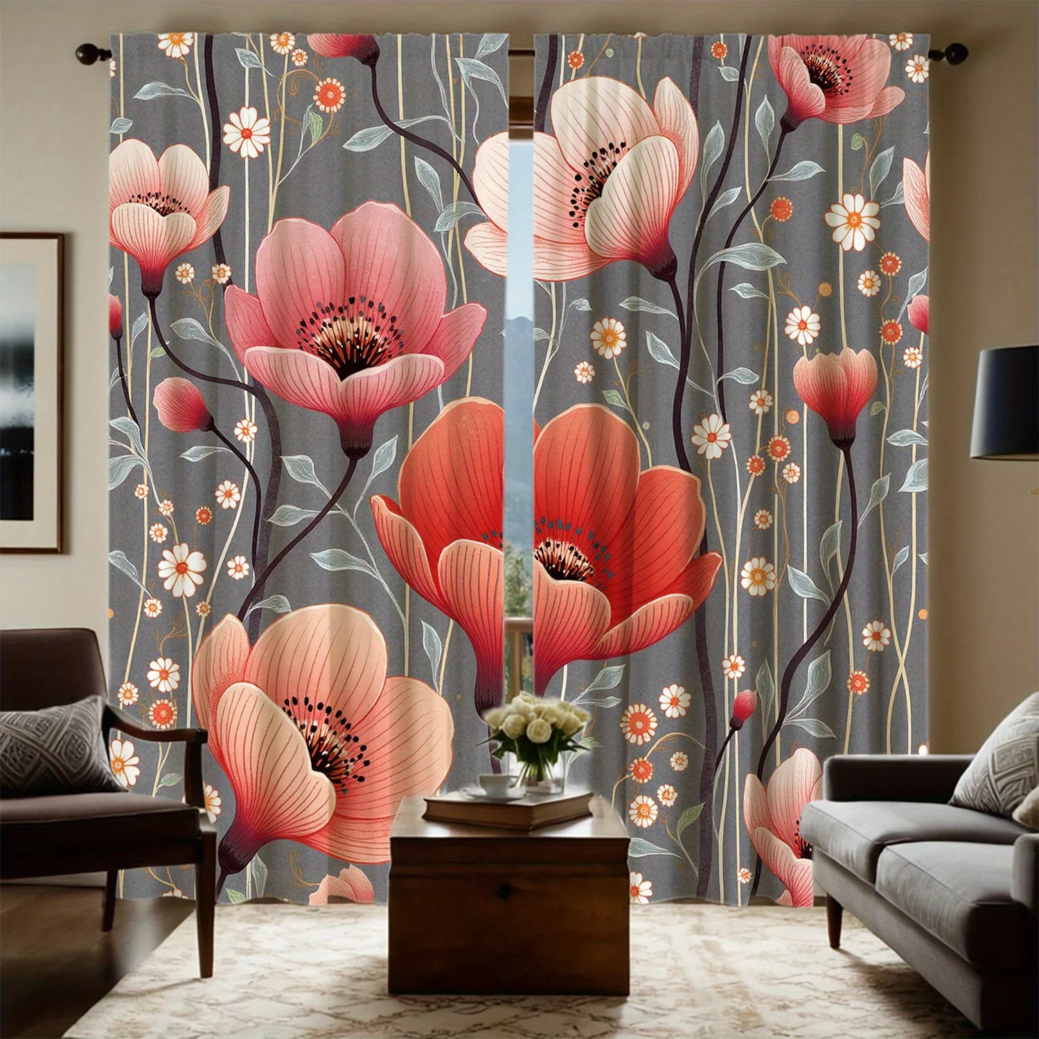 2pcs Floral Print Curtains, Semi-Transparent Polyester Flannel Drapes with Rod Pocket Design for Bedroom, Living Room, Study