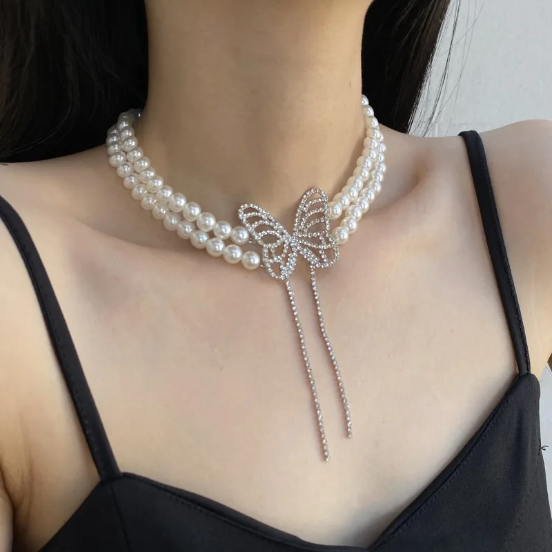 New Imitation Pearls Long Layered Necklace Women Shiny Rhinestones Butterfly Clavicle Chain Wedding Fashion Femme Birthday Gift