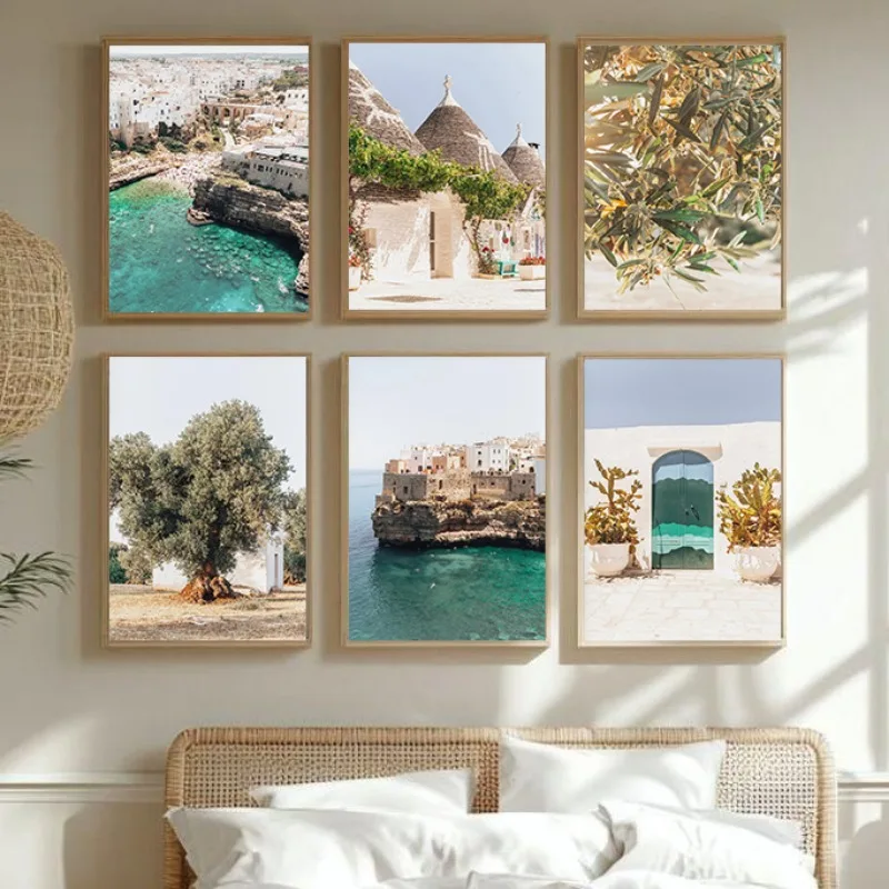 Puglia Italia Stampa artistica mediterranea Olive Tree Canvas Wall Art Fotografia estiva italiana Paesaggio moderno Galleria di decorazioni per la casa