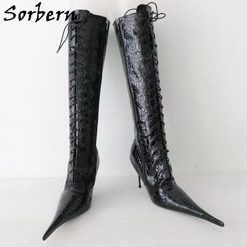 Sorbern 10Cm Cigarette Metal Heel Knee High Boots Women Pointy Toes Stilettos Lace Up Itay Style Plus Size Boot Custom Wide Fit