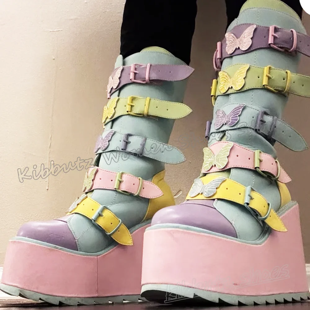 Butterfly Knee High Boots Platform Belt Buckle Fashion Elegant Concise Sexy Hot Girls Shoes Newest Round Toe Height Increasing