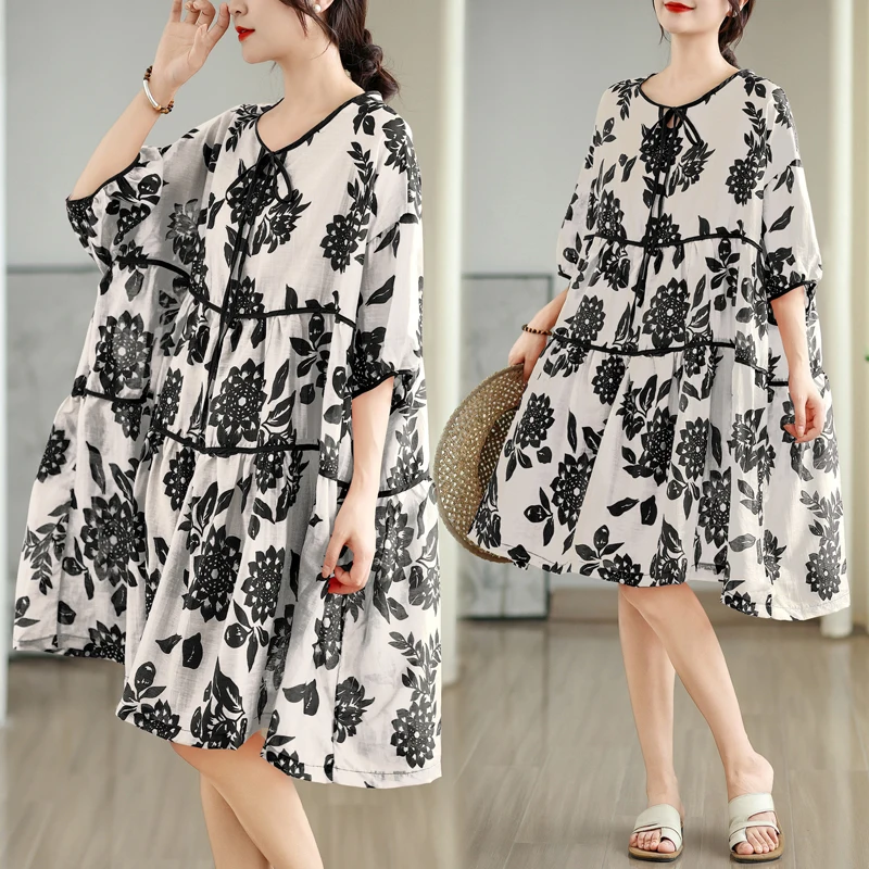 

Новинка лета, большие размеры, хлопково-льняной воротник с принтом, веревка, свободная универсальная утягивающая юбка средней длины Dr