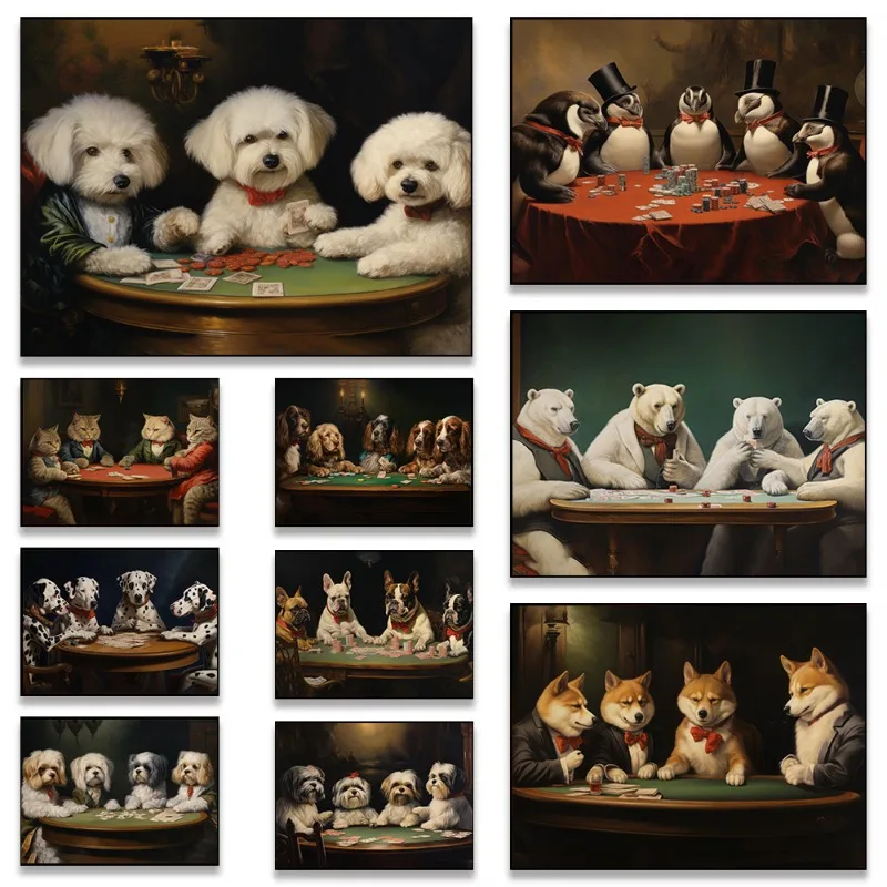 Funny Dog Poker Art Print Basset Hound Bichon Frise Penguins Miniature Schnauzer Playing Cards Poster for Man Cave Wall Decor