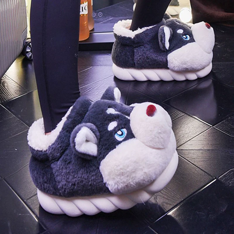 2024 Winter Slippers home Couple Cute Husky Plush Fluffy House Indoor Shoes anti slip warm furry chinelo femin New big size 46